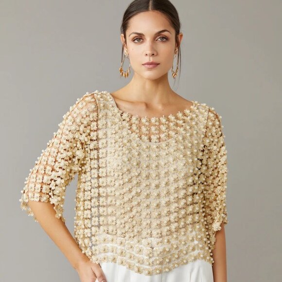 NWT Pearl Embellished Crochet Top, Gold Floral Embroidery Detail, flaw - Picture 4 of 13